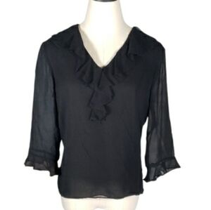 Vintage Black Silk 12 Ruffleneck Front Side Zip Sheer Blouse Top Eve Cocktail